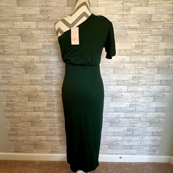 Fashion Womens Small Dark Green One Shoulder Midi Dress Ruched Waist NEW Tags - Picture 7 of 12